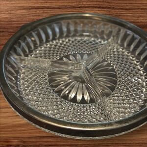 VTG  Clear Pressed Glass 8.5"  Three Section Relish Dish Silver Rim Mid Century